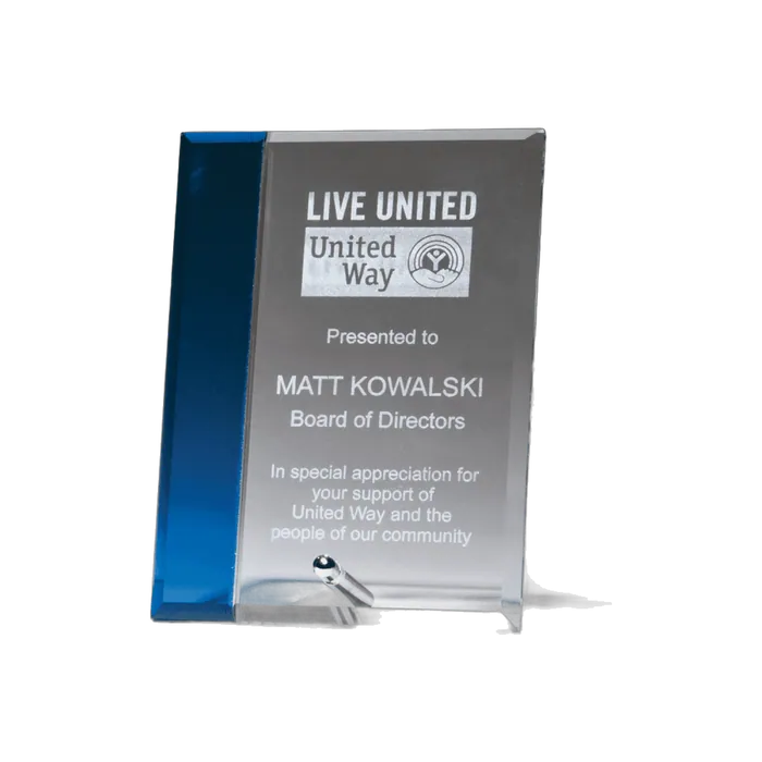 Clear Glass Award with Sapphire Highlights and Silver Plated Easel Post, 5" x 7"