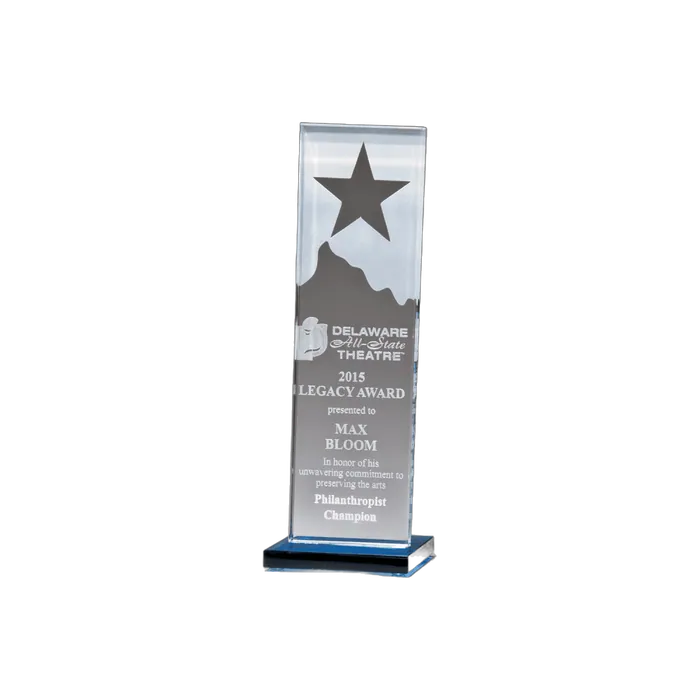 Etched Clear Glass Award with Star and Mountain Peak on a Blue Glass Base