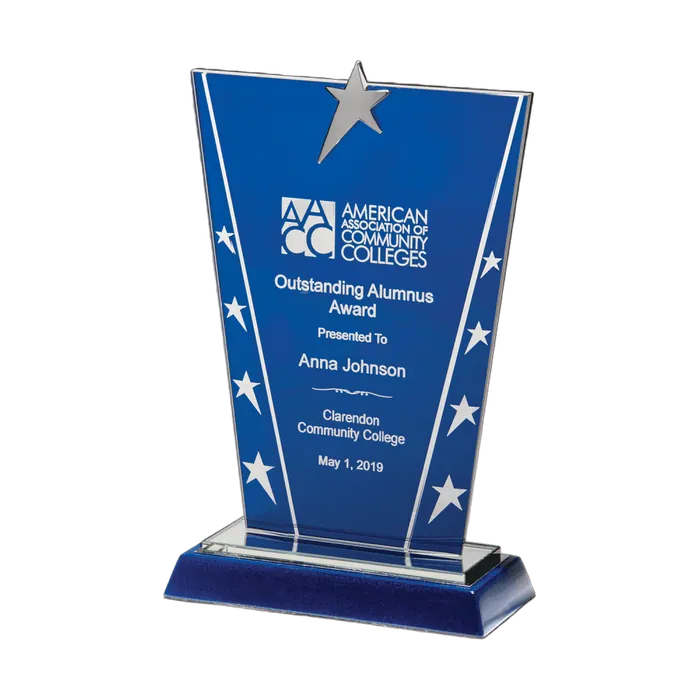 Constellation Series Glass Award with Blue Background with Chrome Plated Star, 6 3/8" x 9 5/8"