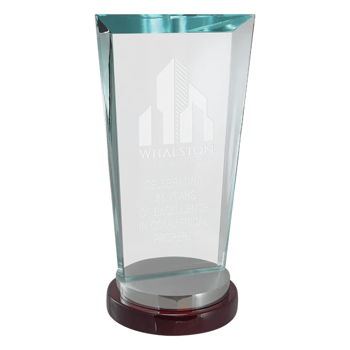 Premium Series Sapphire Glass Award with Rosewood and Aluminum Base, 4 1/4" x 8 1/8"