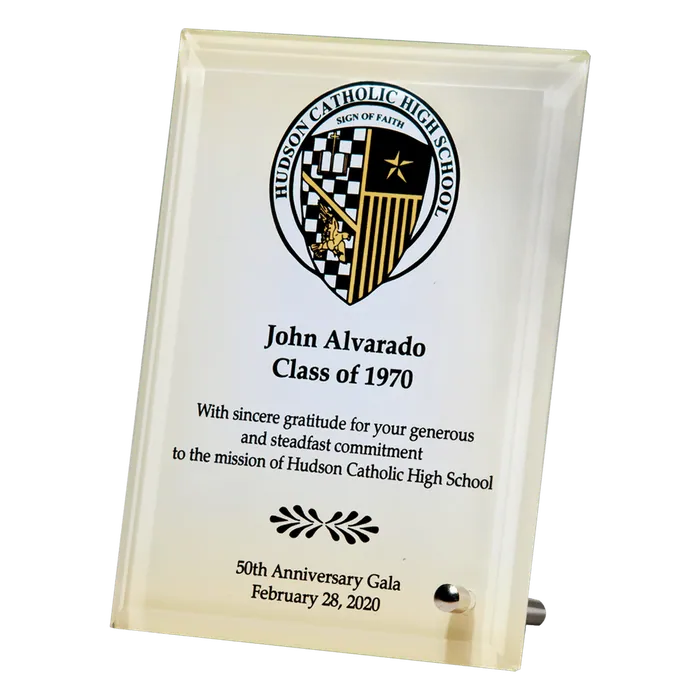 Sublimated Glass Plaque with Decorative Post for Portrait or Landscape Display, 5" x 7" x 3/8"