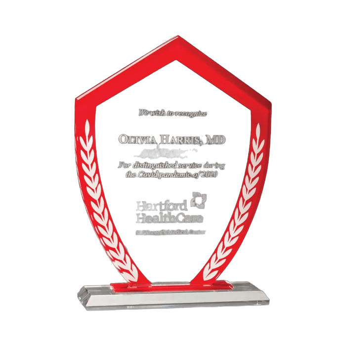 Shield Clear Glass Award with Red Border and White Laurel Leaves, 7 1/4" x 9 5/8"