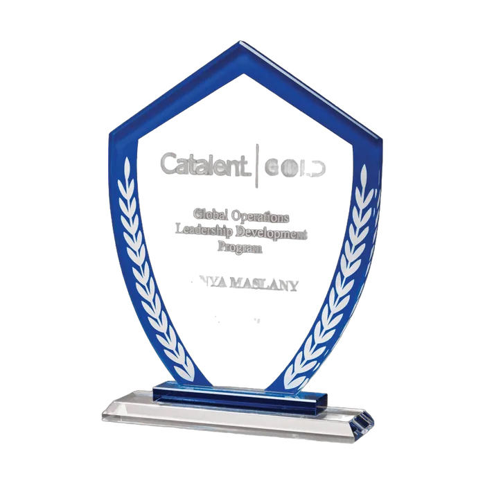 Shield Clear Glass Award with Blue Border and White Laurel Leaves, 7 1/4" x 9 3/4"