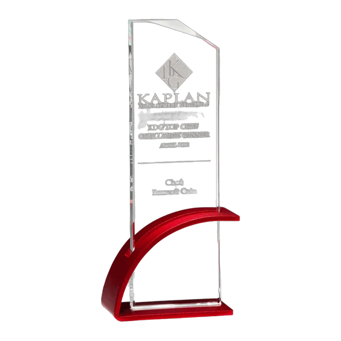 Contemporary Clear Glass Award with Red Arched Base with Matte Metallic Finish, 3 7/8" x 9 3/8"