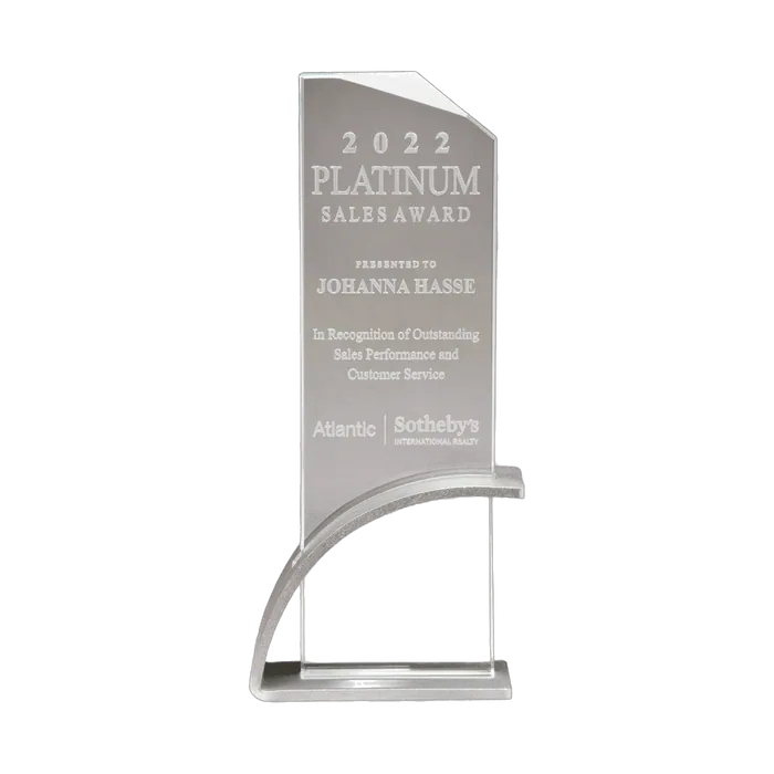 Contemporary Clear Glass Award w/Silver Arched Base with Matte Metallic Finish, 3 7/8" x 10 1/8"