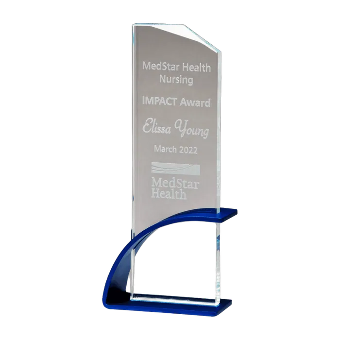 Contemporary Clear Glass Award with Blue Arched Base with Matte Metallic Finish, 3 7/8" x 10 1/8"