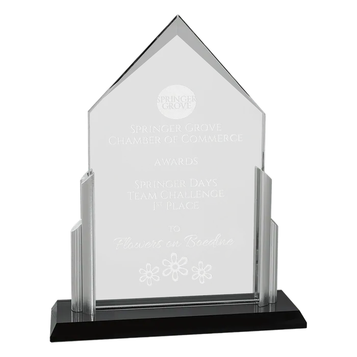 Peak Series Clear Glass Top with Brushed Silver Posts and Black Glass Base, 7" x 10 1/4"