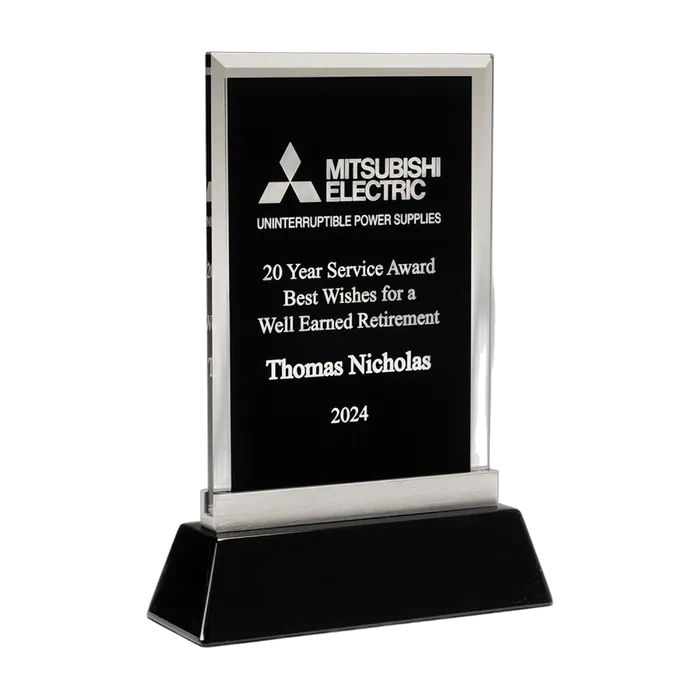 Black Silk Screened Clear Rectangular Glass Award on a Black Piano Finish Base, 5 1/4" x 7 7/8"