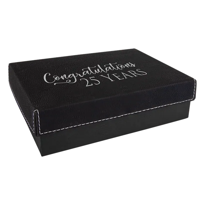 Black/Silver Gift Box with Laserable Leatherette Lid, 7 3/8" x 5 3/4"