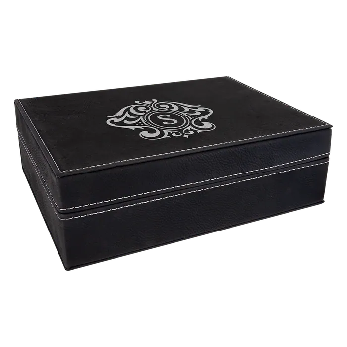 Black/Silver Laserable Leatherette Premium Gift Box, 8" x 6 3/8"