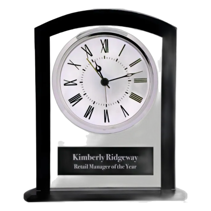 Square Arch Glass Clock with Black Border and Base