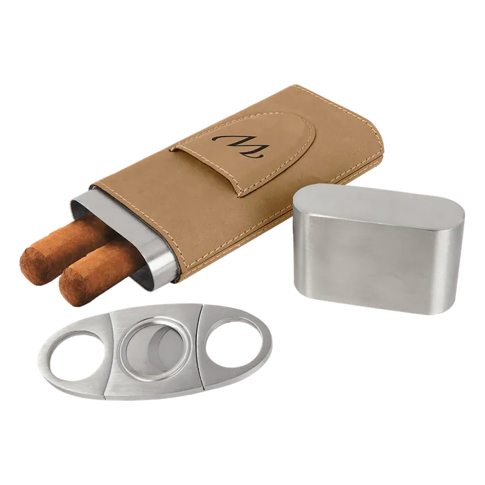 Light Brown Leatherette Wrapped Stainless Steel Cigar Case with Cutter
