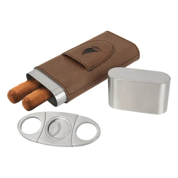 Dark Brown Leatherette Wrapped Stainless Steel Cigar Case with Cutter