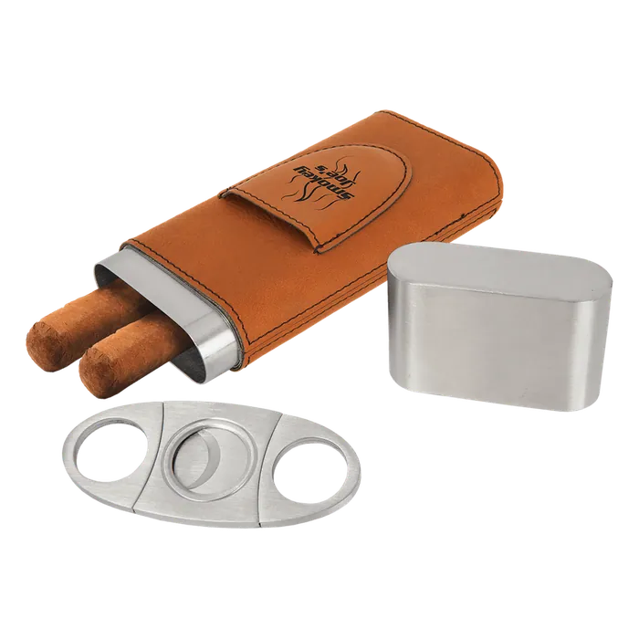 Rawhide Leatherette Wrapped Stainless Steel Cigar Case with Cutter