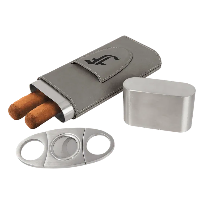 Gray Leatherette Wrapped Stainless Steel Cigar Case with Cutter