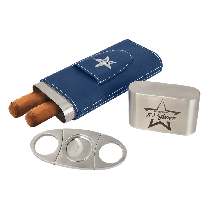 Blue/Silver Leatherette Wrapped Stainless Steel Cigar Case with Cutter