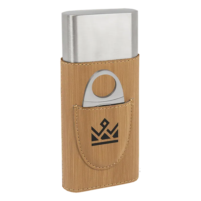 Bamboo Leatherette Wrapped Stainless Steel Cigar Case with Cutter