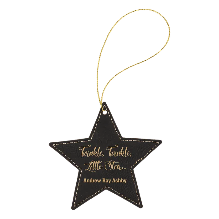 Black/Gold Laserable Leatherette Star Ornament with Gold String