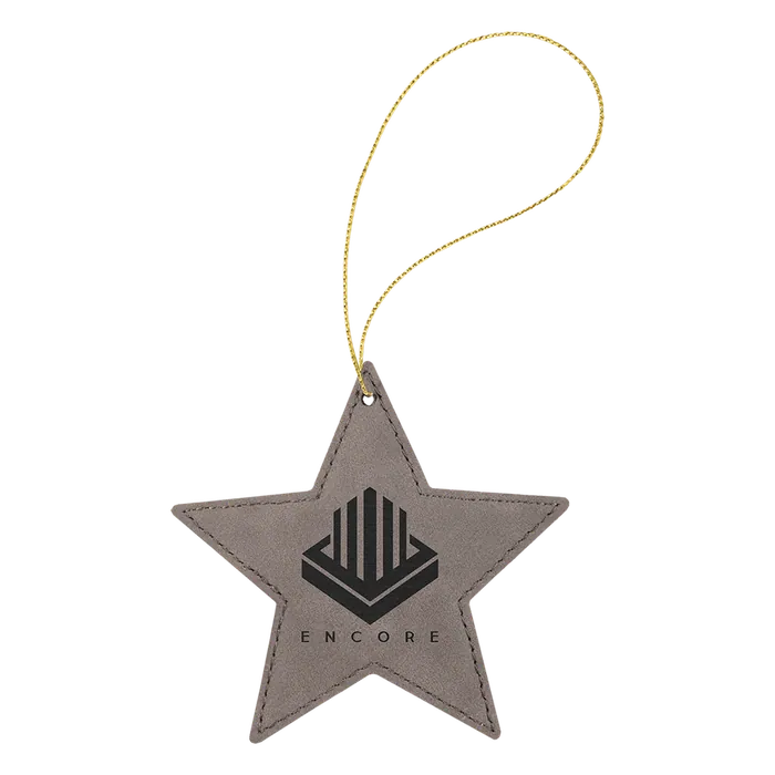 Gray Laserable Leatherette Star Ornament with Gold String