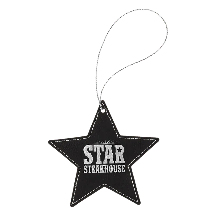 Black/Silver Laserable Leatherette Star Ornament with Silver String