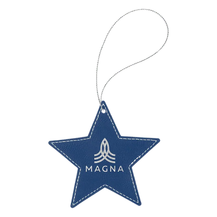 Blue/Silver Laserable Leatherette Star Ornament with Silver String
