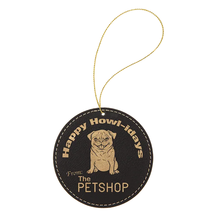 Black/Gold Laserable Leatherette Round Ornament with Gold String