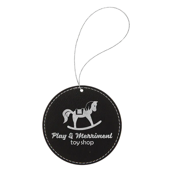Black/Silver Laserable Leatherette Round Ornament with Silver String