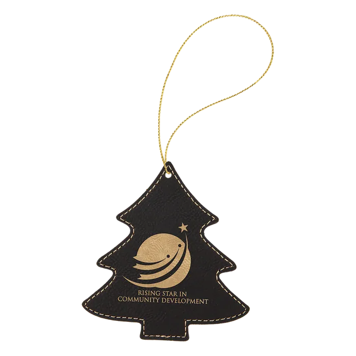 Black/Gold Laserable Leatherette Tree Ornament with Gold String