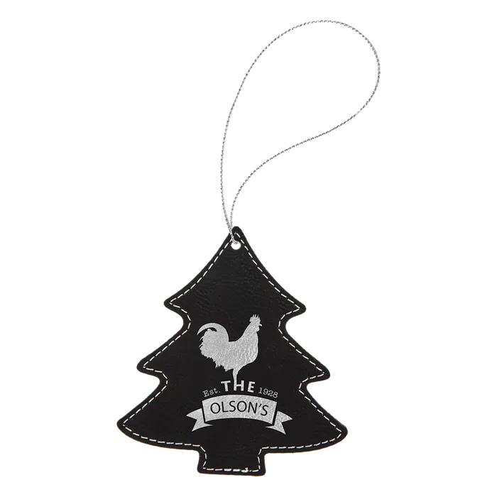 Black/Silver Laserable Leatherette Tree Ornament with Silver String