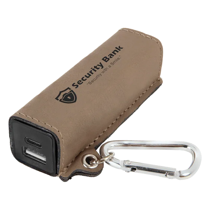 Light Brown Leatherette 2200mAh Power Bank with USB-C Charging Cord & Carabiner