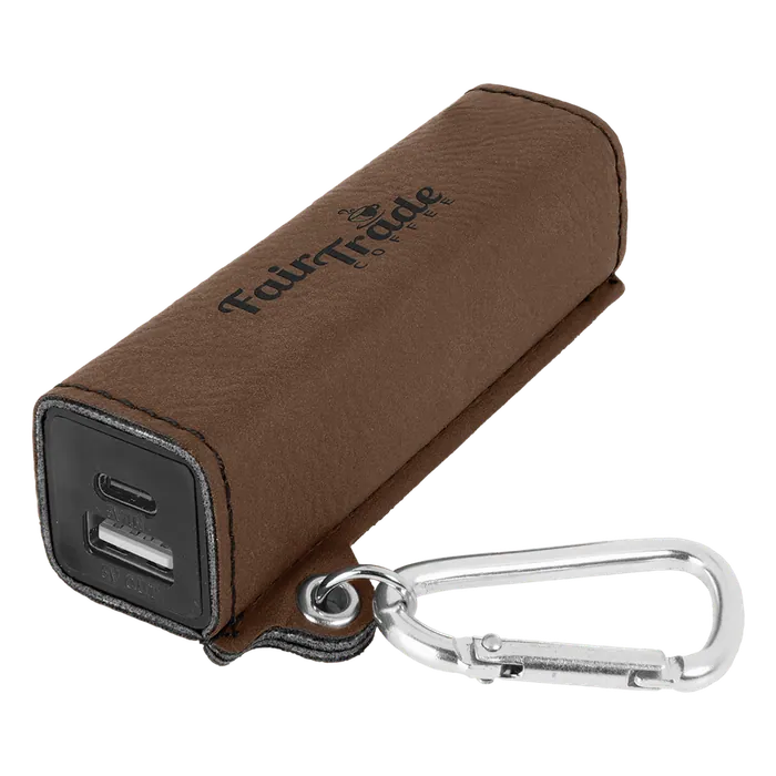 Dark Brown Leatherette 2200mAh Power Bank with USB-C Charging Cord and Carabiner
