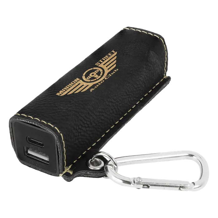 Black/Gold Leatherette 2200mAh Power Bank with USB-C Charging Cord and Carabiner, 3 5/8" x 1"