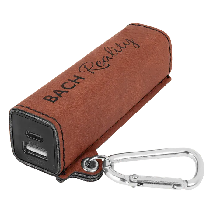 Black/Gold Leatherette 2200mAh Power Bank with USB-C Charging Cord and Carabiner, 3 5/8" x 1", Style GFT1139C