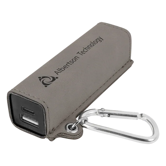 Gray Leatherette 2200mAh Power Bank with USB-C Charging Cord and Carabiner