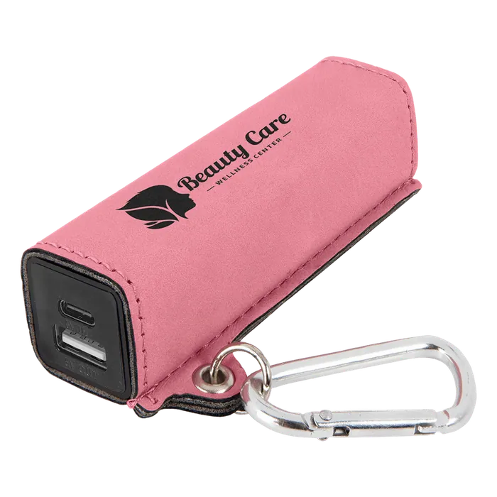 Pink Leatherette 2200mAh Power Bank with USB-C Charging Cord and Carabiner