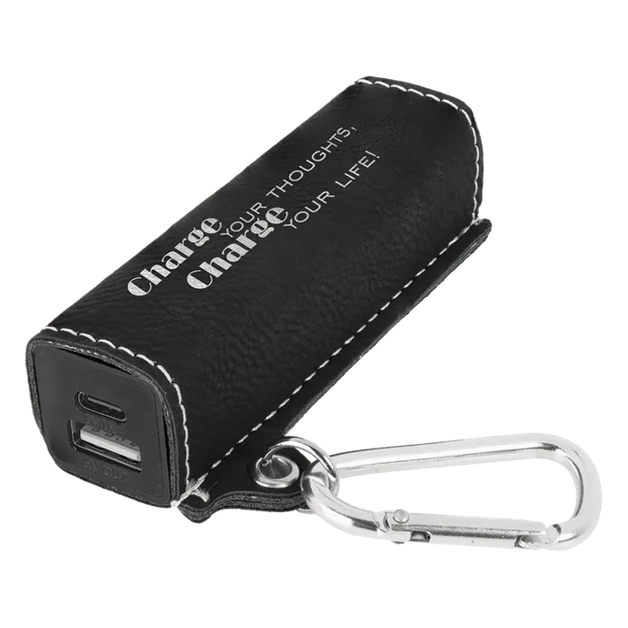 Black/Silver Leatherette 2200mAh Power Bank with USB-C Charging Cord & Carabiner