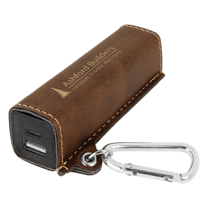 Rustic/Gold Leatherette 2200mAh Power Bank with USB-C Charging Cord & Carabiner