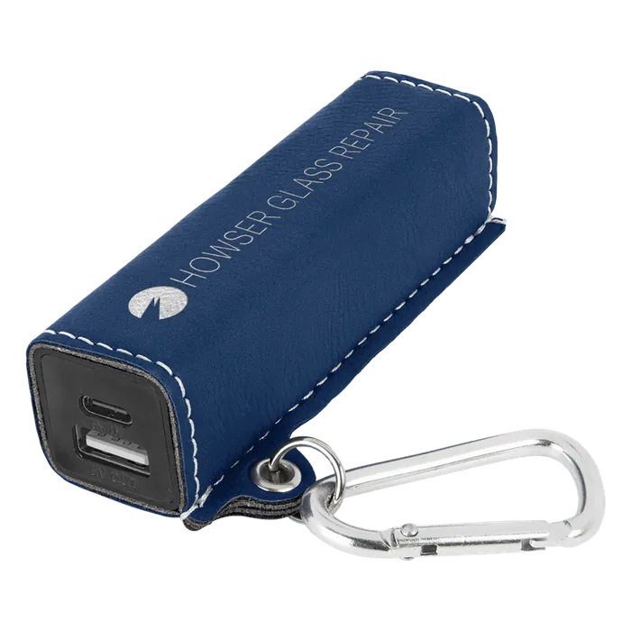 Blue/Silver Leatherette 2200mAh Power Bank with USB-C Charging Cord & Carabiner