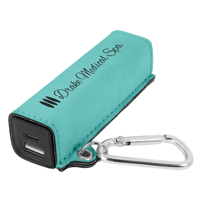 Teal Leatherette 2200mAh Power Bank with USB-C Charging Cord & Carabiner