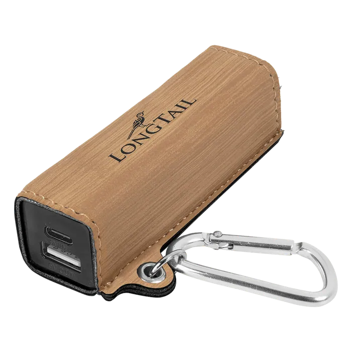 Bamboo Leatherette 2200mAh Power Bank with USB-C Charging Cord & Carabiner