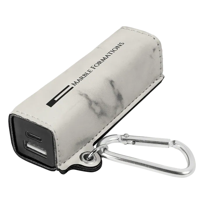 White Marble Leatherette 2200mAh Power Bank with USB-C Charging Cord & Carabiner