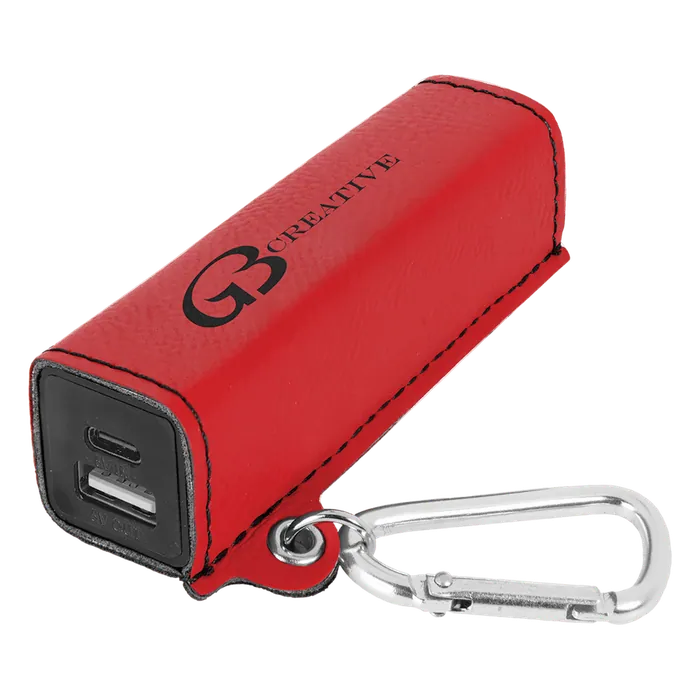 Red Leatherette 2200mAh Power Bank with USB-C Charging Cord and Carabiner
