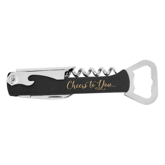 Black/Gold Leatherette Corkscrew Bottle Opener