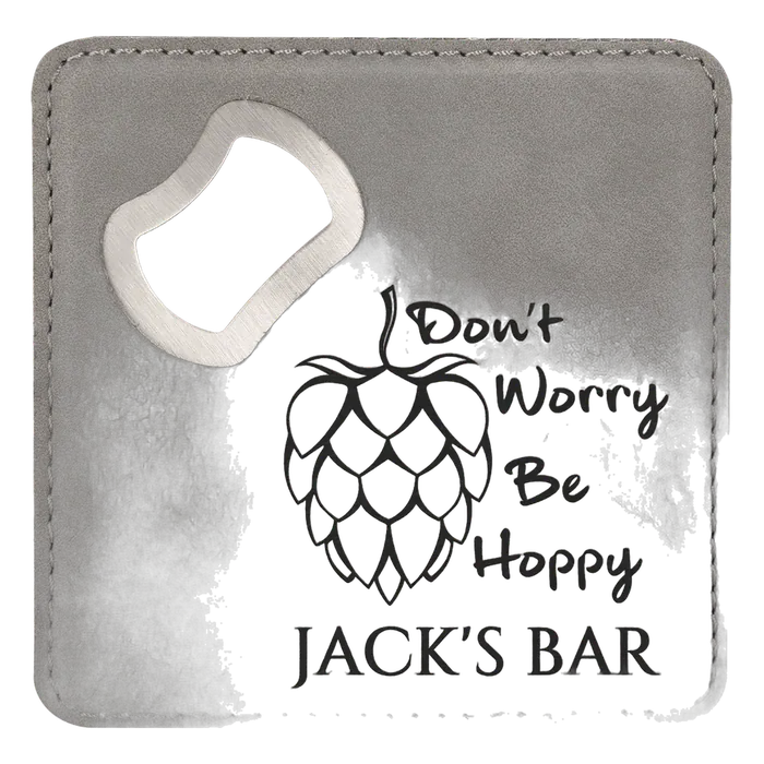 Gray Lasered Leatherette Coaster with Bottle Opener