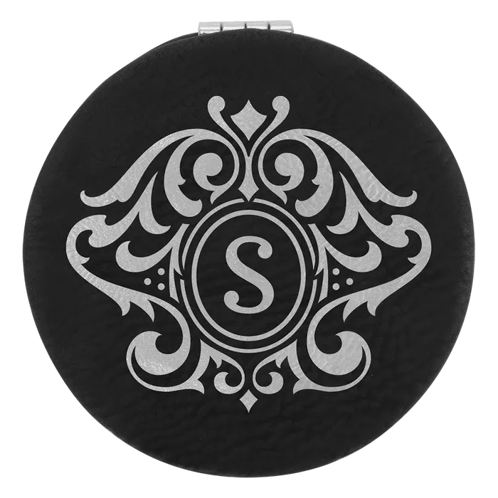 Black/Silver Lasered Leatherette Compact Mirror