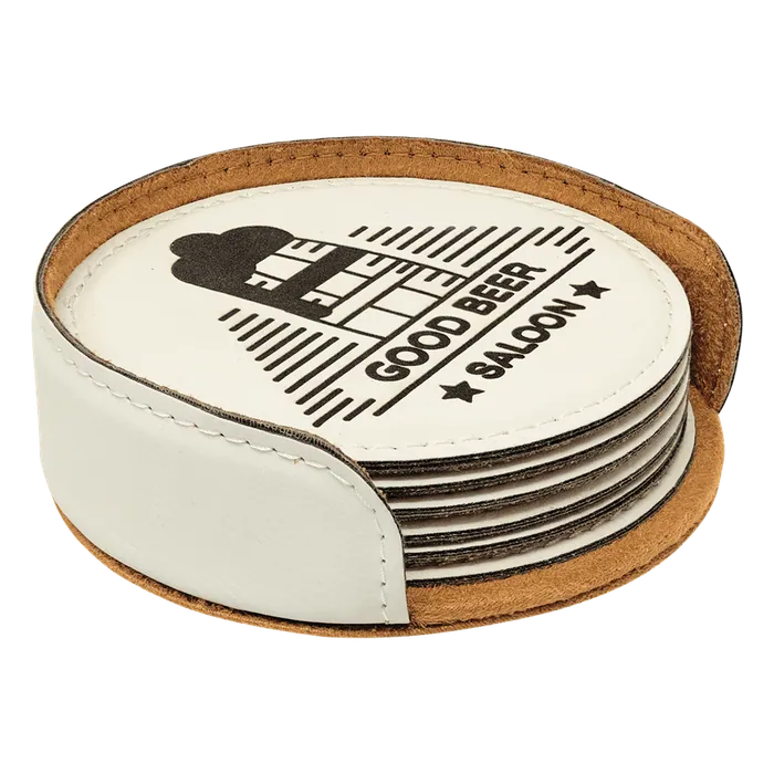 White Leatherette Round 6 Coaster Set