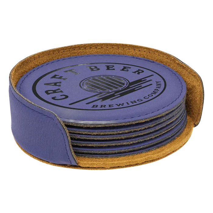 Purple Leatherette Round 6 Coaster Set