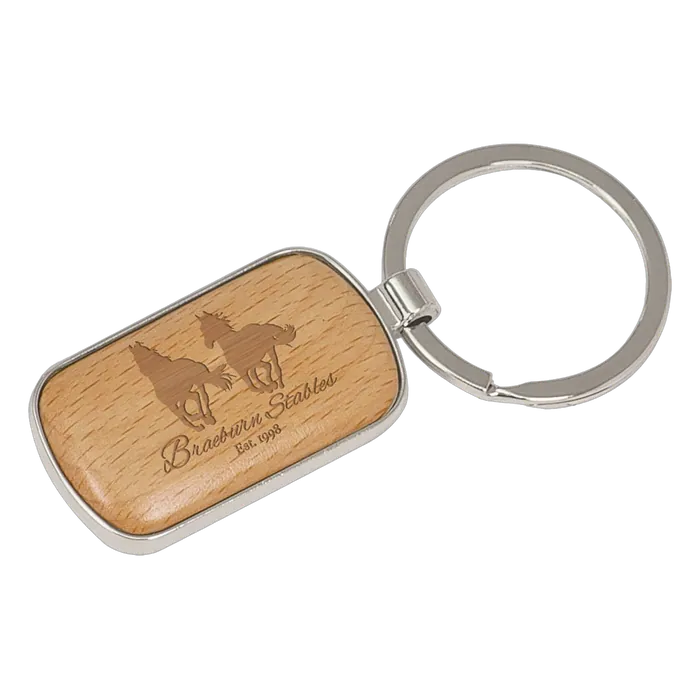 Round Corner Silver & Wood Keychain