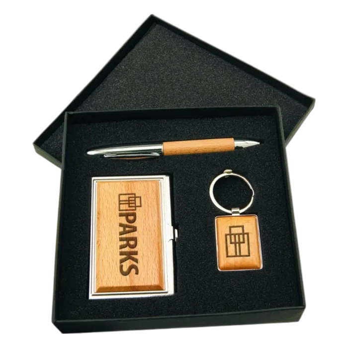 Metal/Wood Gift Set with Business Card Case, Pen, and Keychain