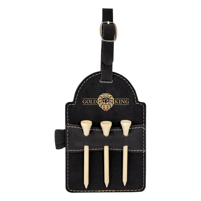 Black/Gold Leatherette Golf Bag Tag with Wooden Tees